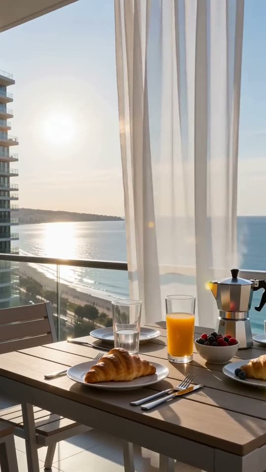 Terrace of a seafront apartment in Spain set for breakfast