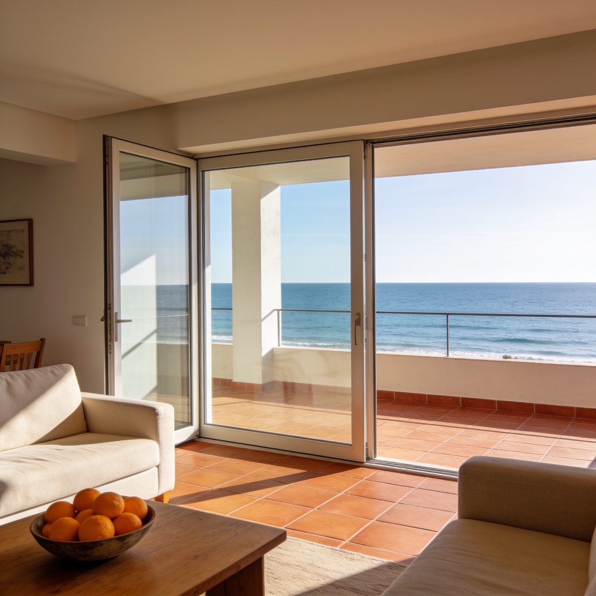 Bright living room of a seafront apartment in Spain