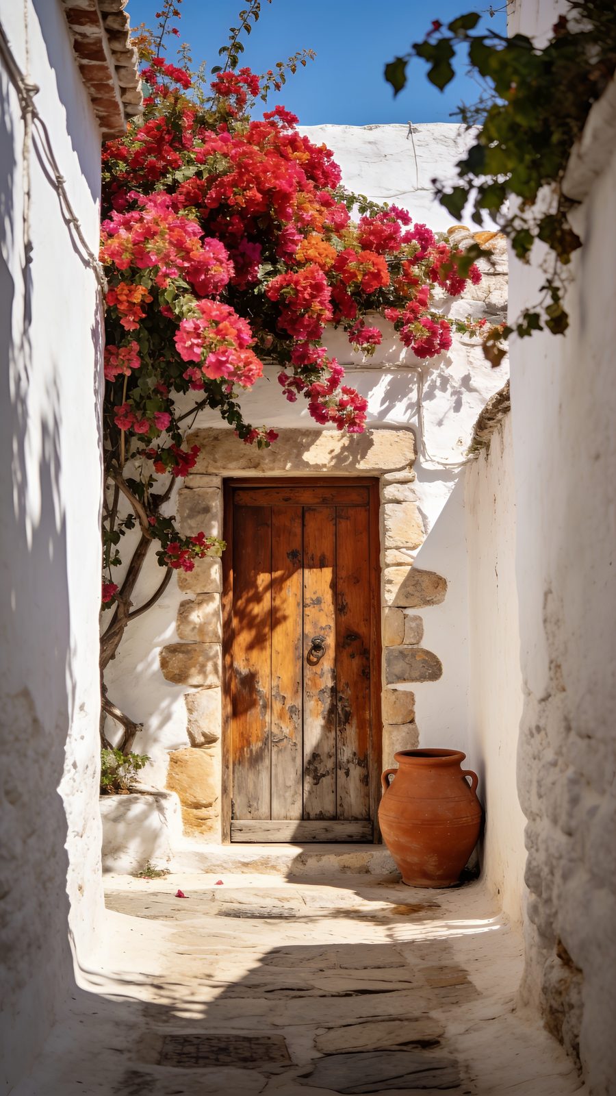 Whitewashed street with bougainvillea in a village in southern Spain